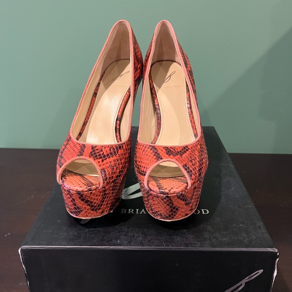 Brian Atwood Red High Heel Shoes with Snakeskin Texture